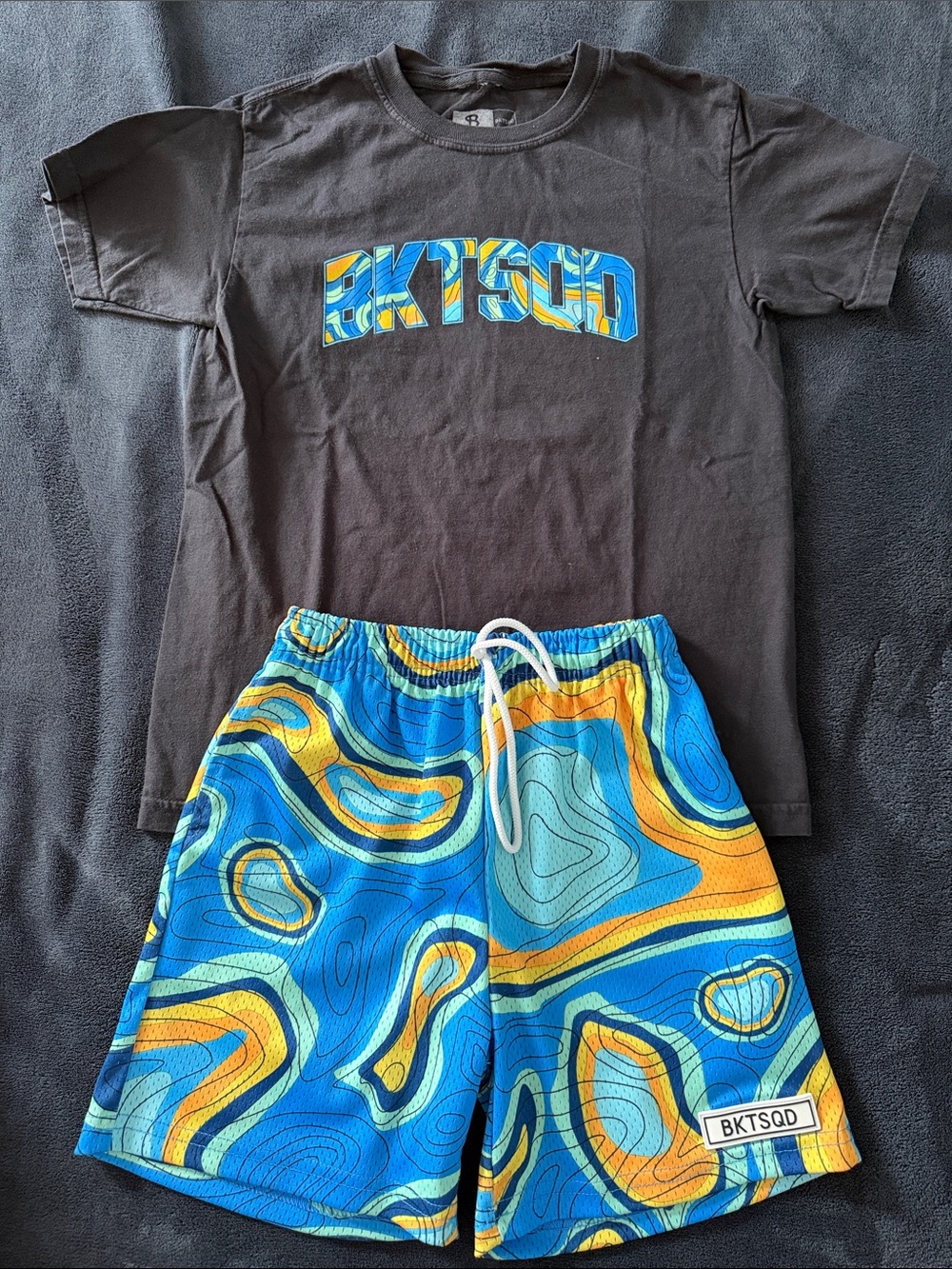 BKTSQD Black Tee & Blue Swirl basketball shorts Set